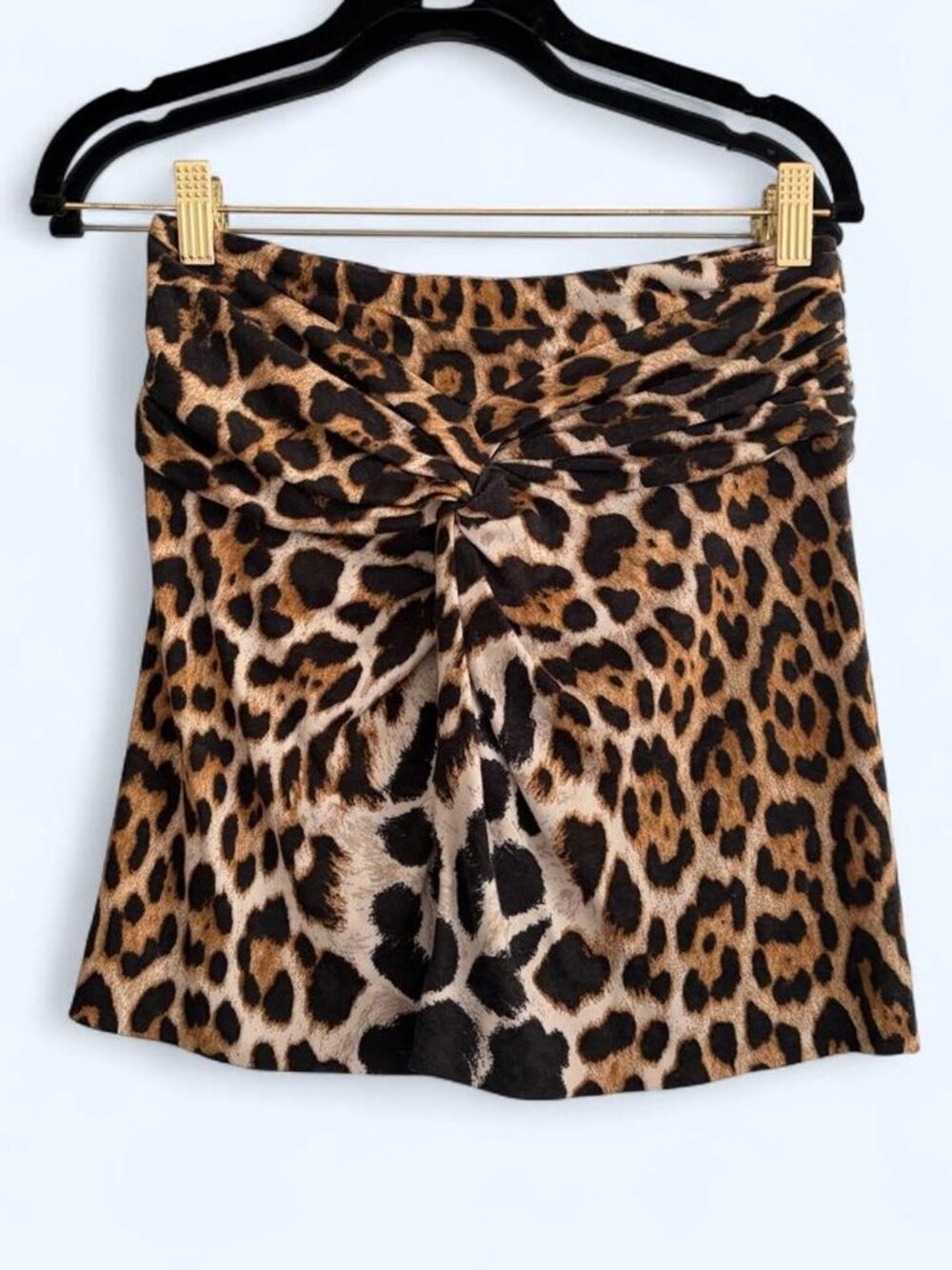 Blumarine leopard print wool blend draped mini skirt with front knot detail sz38